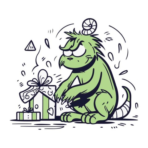 Cute cartoon monster with a gift and a house. Vector illustratio