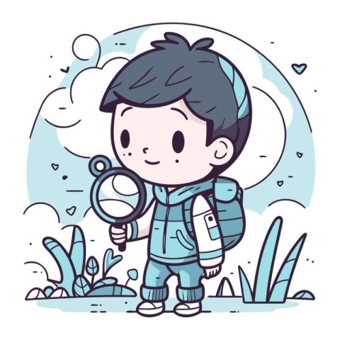 Cute little boy explorer with magnifying glass. vector illustrat