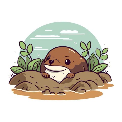 Cute otter in the sand. Vector illustration on white background.