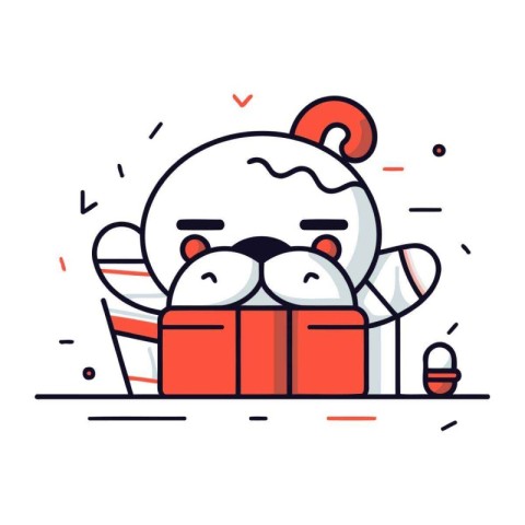 Sad dog with gift box. Vector illustration in flat line style.