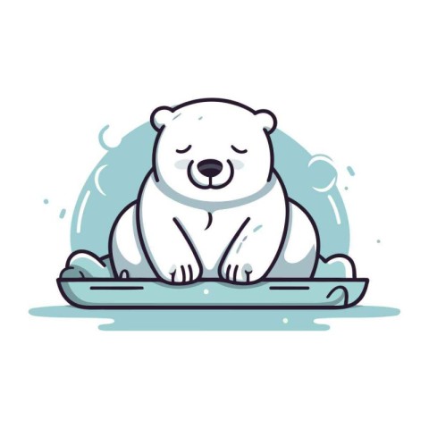 Cute polar bear sitting on ice cube. Vector cartoon illustration