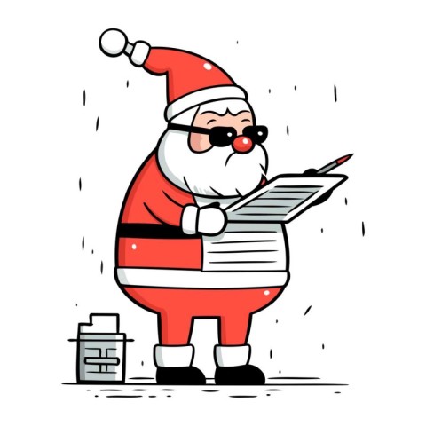 Cartoon Santa Claus reading a letter. Vector illustration of San