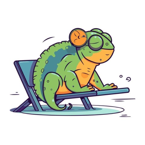 Cute cartoon chameleon sitting on a deck chair. Vector illustrat