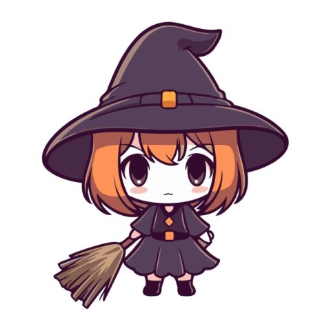 Illustration of a Cute Little Halloween Witch Girl with a Brooms