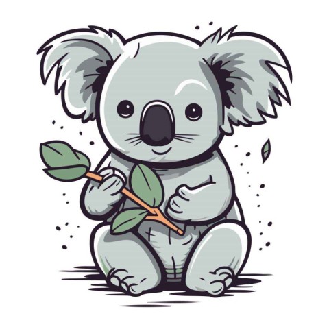 Cute cartoon koala holding a branch of eucalyptus