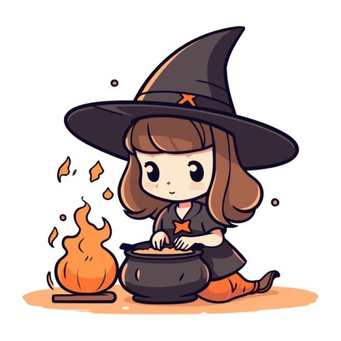 Cute girl in witch costume with cauldron. Vector illustration.