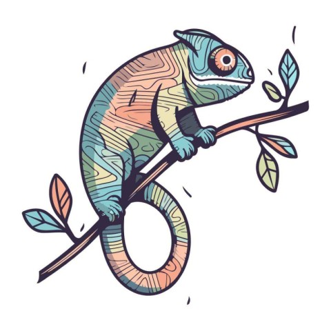 Chameleon on a branch. Hand drawn vector illustration. Doodle st