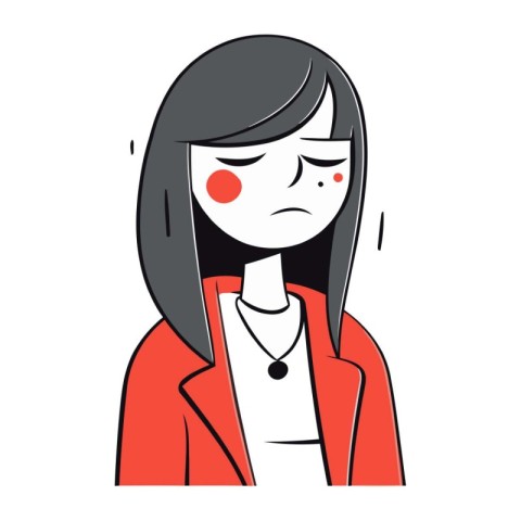 Sad woman in a red jacket. Vector illustration on white backgrou