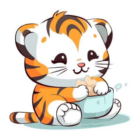 Cute little tiger sitting and holding a bowl of food. Vector ill