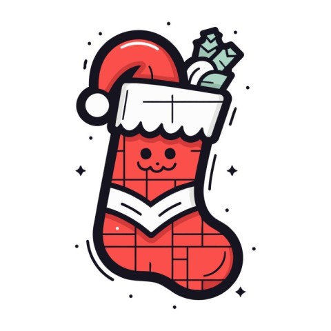 Christmas sock with Santa Claus hat and gifts. Vector illustrati