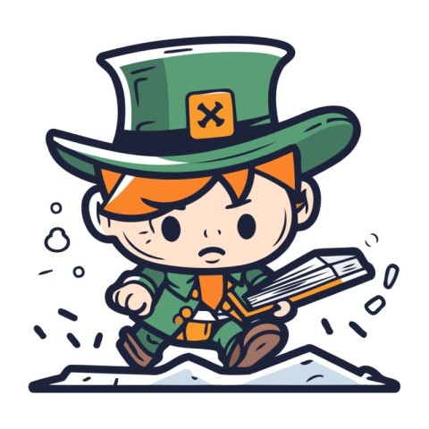 Leprechaun boy reading a book. Vector illustration.