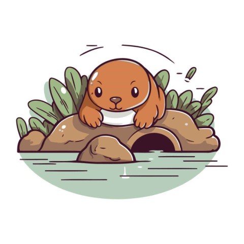 Cute little hamster sitting on a rock in the river. Vector illus