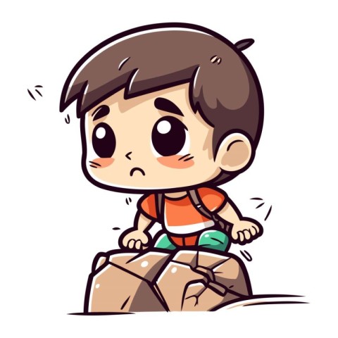 Cute little boy sitting on a rock. Vector cartoon illustration.