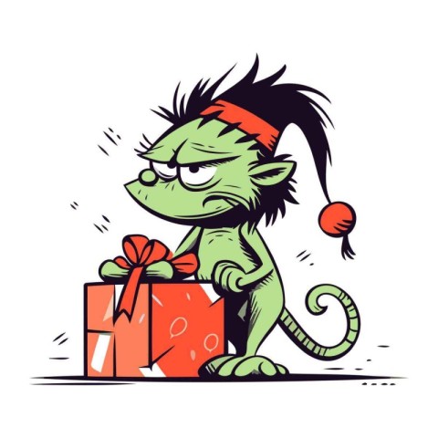 Funny cartoon monster with a gift box. Vector illustration for y