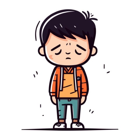 Cute little boy feeling sad. Vector illustration in sketch style