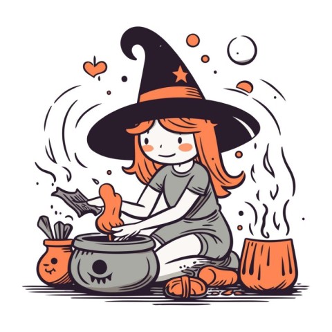 Halloween witch with a pot of potion. Vector illustration in car