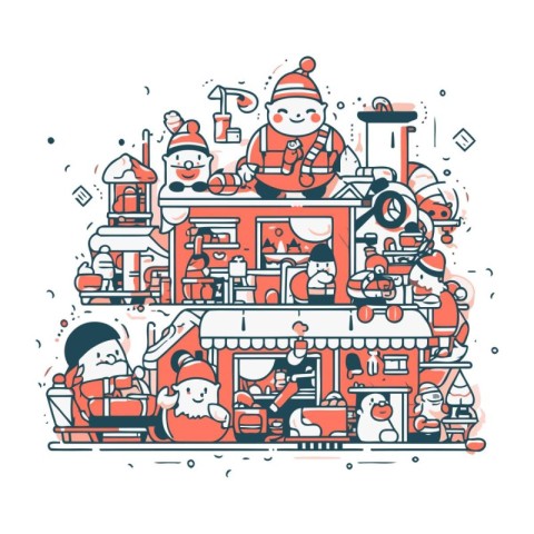 Santa Claus and children in front of a Christmas market. Vector