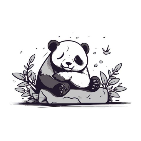 Cute panda sitting on a rock. Hand drawn vector illustration.