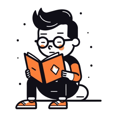 Little boy reading a book. Vector illustration in line art style