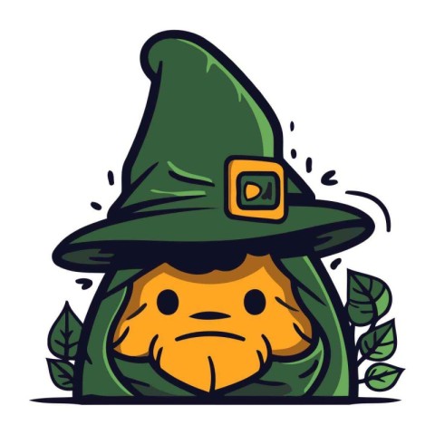 Cartoon witch character with hat and green leaves. Vector illust