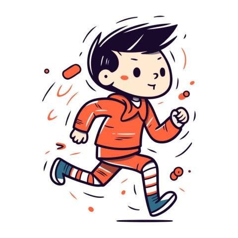 Running boy in red sportswear. Vector hand drawn illustration.