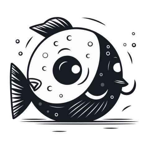 Cute cartoon fish. Vector illustration in black and white colors