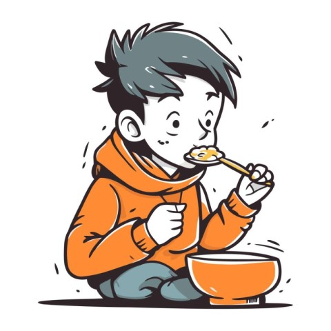 Boy eating soup. Vector illustration of a boy eating soup with s