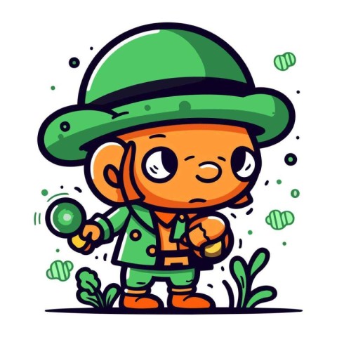 Cute cartoon leprechaun with green hat. Vector illustration.