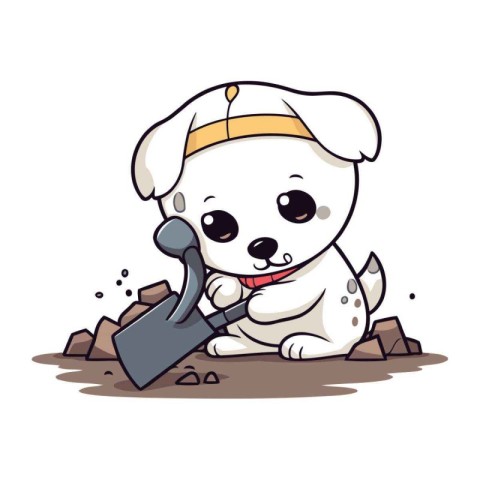 Illustration of a cute cartoon dog digging a hole with a shovel