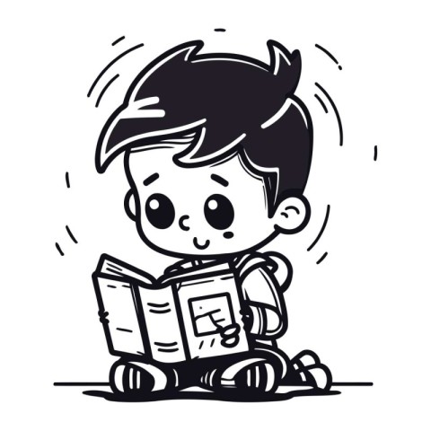 Cute boy reading a book. Black and white vector illustration.