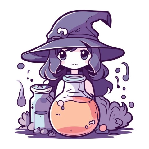 Cute cartoon witch with potion. Vector illustration of a cute wi