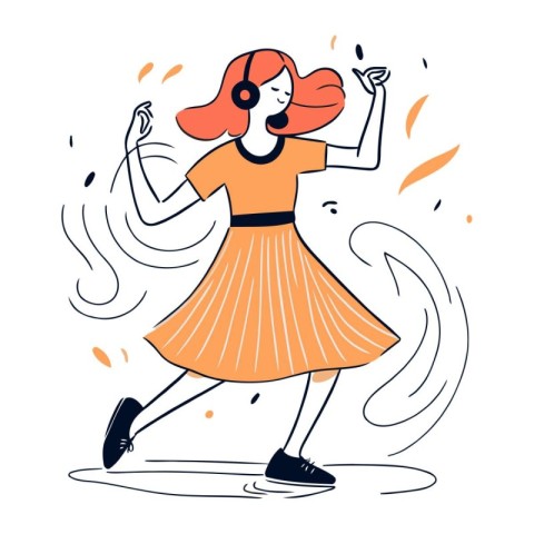 Vector illustration of a girl in headphones dancing and listenin