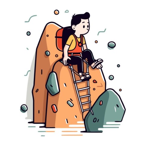 Man climbing on a rock. Vector illustration in flat cartoon styl