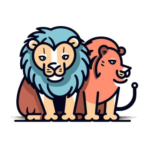 Lion and lioness. Vector illustration in flat cartoon style.