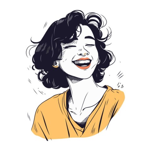 Vector illustration of a beautiful young woman laughing. Hand dr