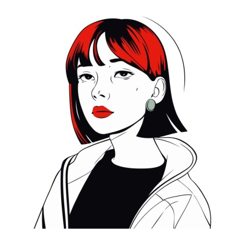 Beautiful young woman with red hair and black jacket. vector ill