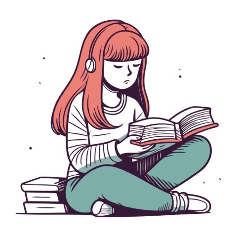 Girl reading a book. Vector illustration in doodle style.