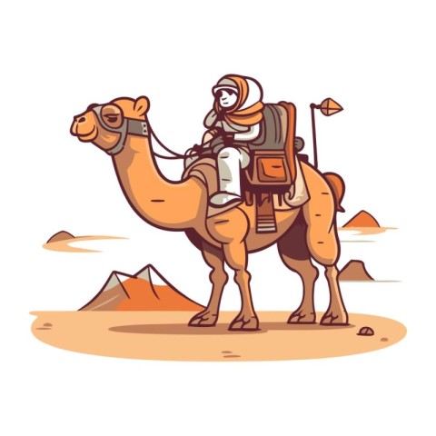 Arabian man in traditional clothes riding a camel. Vector illust