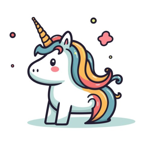 Cute cartoon unicorn with rainbow mane and tail. Vector illustra