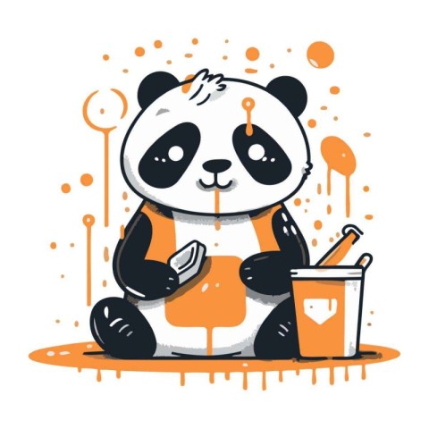 Cute panda sitting on the floor with a bucket of food. Vector il