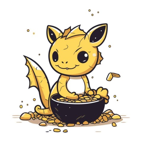 Cute cartoon fox eating from a bowl of beans. Vector illustratio