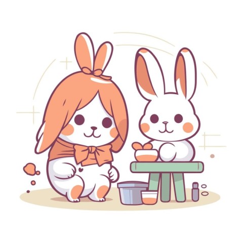 Cute little girl and rabbit in cartoon style. Vector illustratio