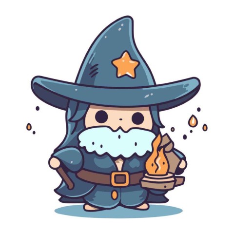 Cute cartoon illustration of a witch with a broom and a burning