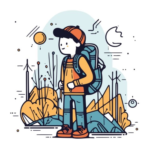 Vector illustration of hiker boy with backpack on the background