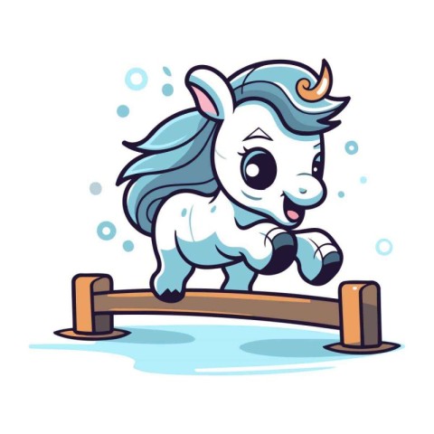 Cute cartoon unicorn jumping over a hurdle. Vector clip art.