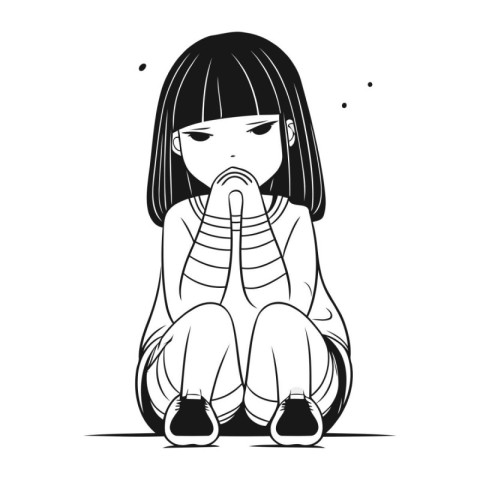 Sad girl sitting on the floor. Vector illustration in black and