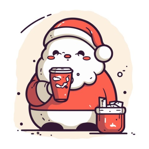 Cute Santa Claus holding a cup of coffee. Vector illustration.