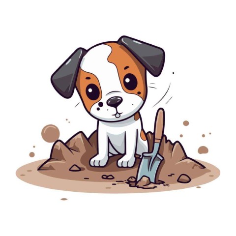 Cute cartoon dog digging a hole with a shovel. Vector illustrati