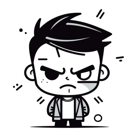 Angry cartoon boy. Vector illustration in black and white colors