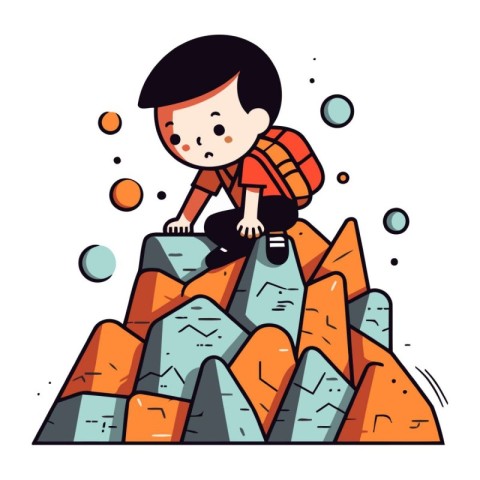 Little boy sitting on the top of the mountain. Flat style vector